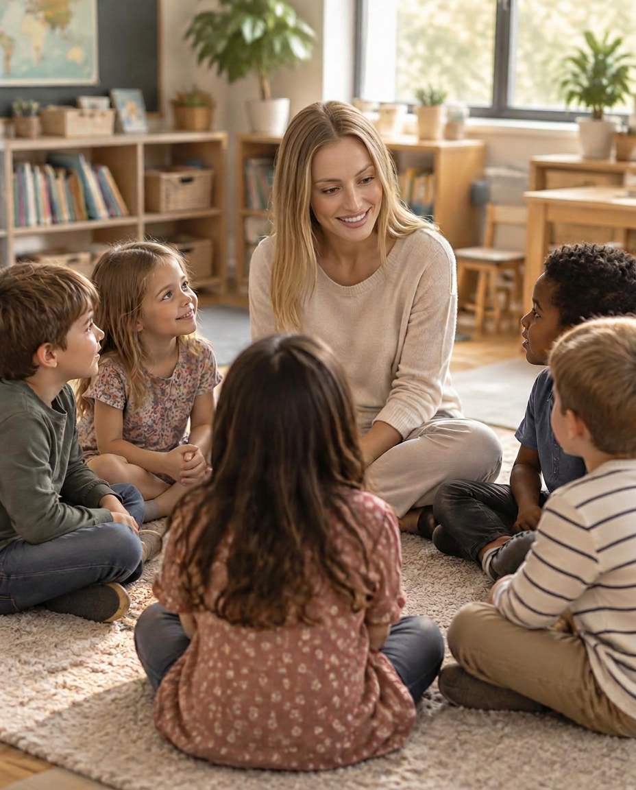An educator sitting in a circle with young children in a warm, sunlit classroom